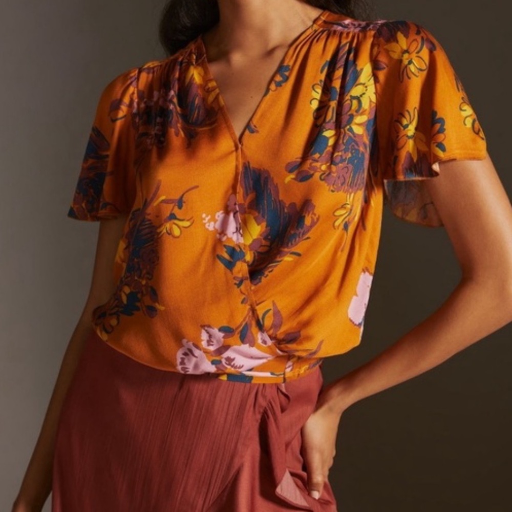 Anthropologie Orange Floral Blouse